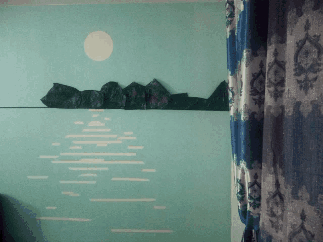 a painting of a landscape with mountains and a moon