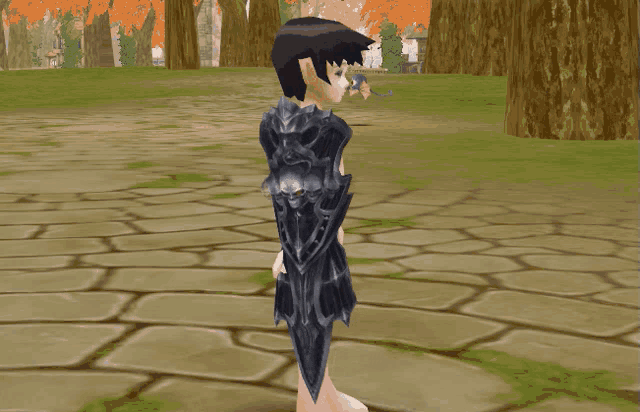 a video game character is standing on a brick walkway
