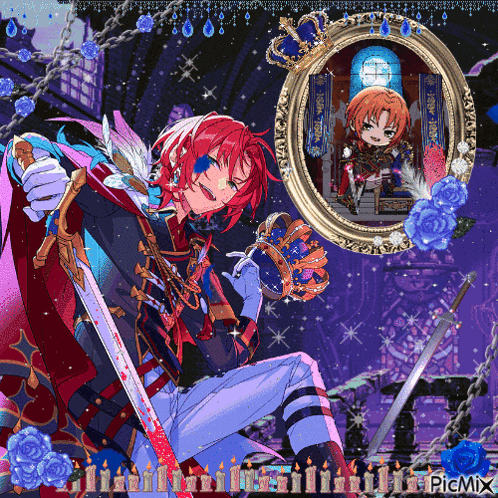 a picture of a boy with a sword in front of a mirror that says picmix on the bottom right
