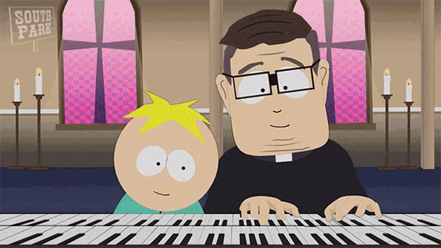 a cartoon of a priest and a boy playing a piano with a sign in the background that says south park