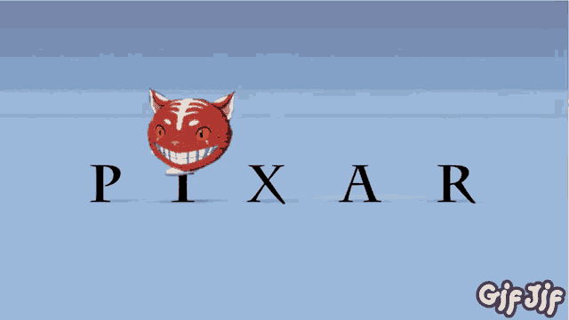 a pixar logo with a red cat in the center