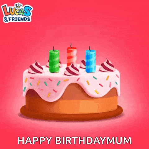 a lucas and friends birthday cake with three candles on top