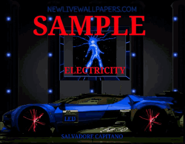 a blue car is displayed in front of a sign that says sample
