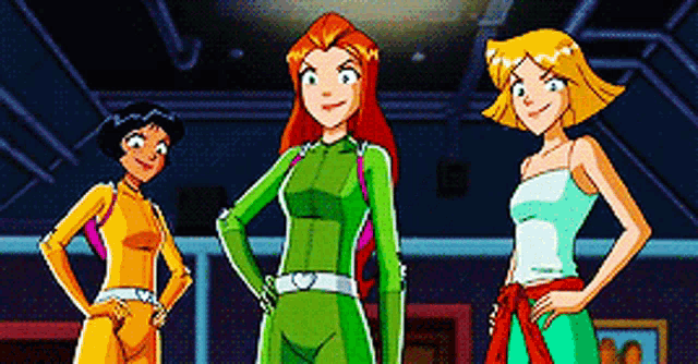 three cartoon girls are standing next to each other with their hands on their hips .