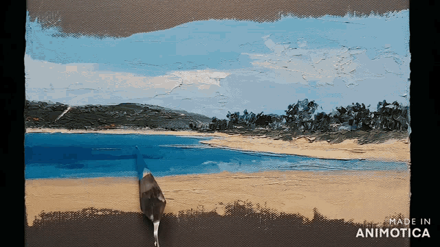 a painting of a beach with the words made in animatica below it