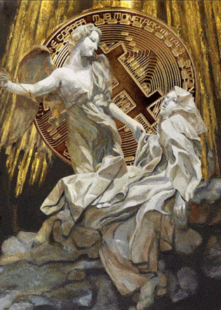 a painting of an angel and a man with a coin in the background that says ' copper ' on it