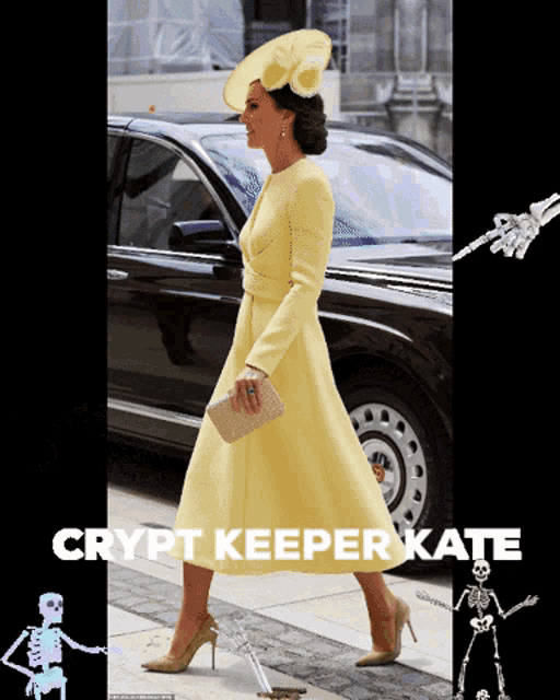 a picture of a woman in a yellow dress with crypt keeper kate written on the bottom