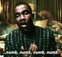 a man in a striped shirt says numb numb numb numb ..