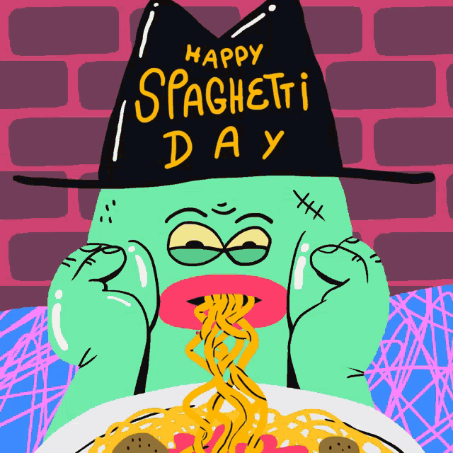 a cartoon of a monster eating spaghetti with the words happy spaghetti day