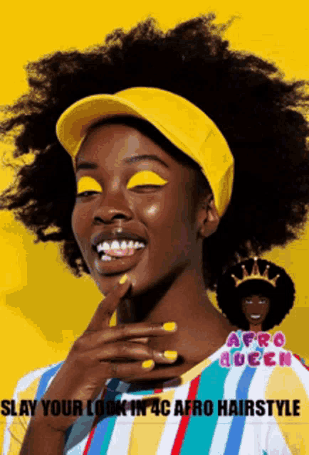 a woman wearing a yellow hat and a striped shirt is smiling