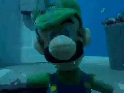 a stuffed mario is swimming in a pool