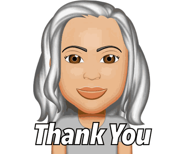 a cartoon of a woman with gray hair and the words thank you