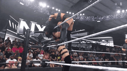 a woman in a wrestling ring with the word n on the wall behind her