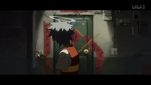 a cartoon character with a halo on his head is standing in front of a door