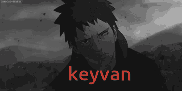 a black and white drawing of a man with the name keyvan written in red