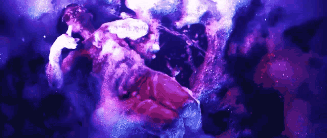 a purple and pink painting of a person floating in the air