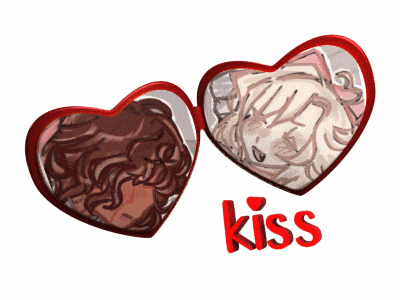 a drawing of two hearts with the word kiss on the bottom