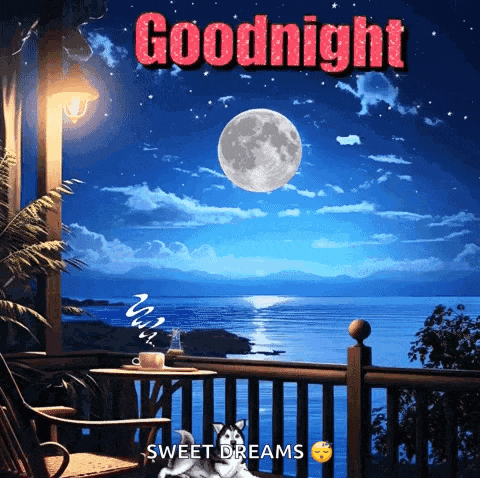 a husky dog is sleeping on a porch with a full moon in the background
