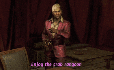 a man in a pink suit says enjoy the crab rangoon in a video game