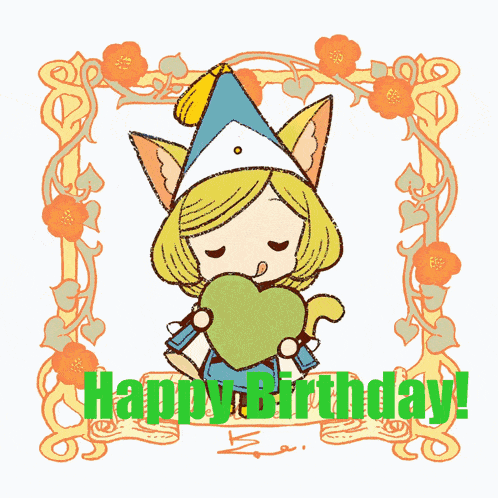 a drawing of a cat holding a heart with the words happy birthday