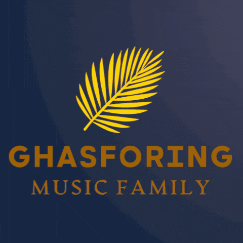 a logo for ghasforing music family with a palm leaf in the center