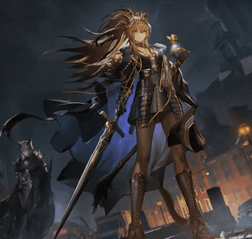 a woman with long hair is holding a sword and a crown
