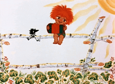 a cartoon of a boy playing an accordion with a bird nearby