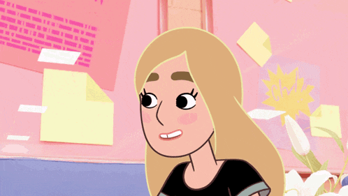 a cartoon drawing of a girl with long blonde hair and a black shirt