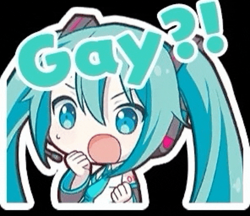 a sticker of hatsune miku with the words `` gay '' written above her head .