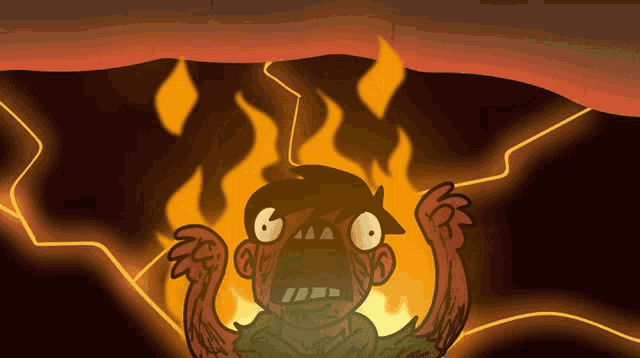 a cartoon drawing of a man with flames coming out of his face