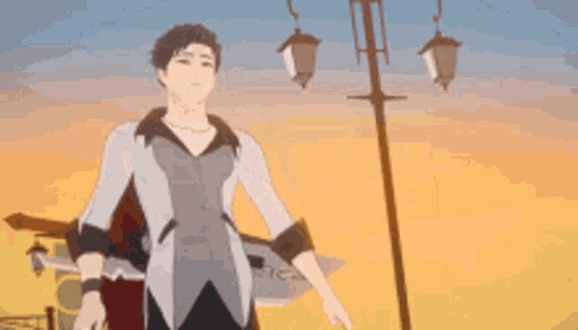 a cartoon character is standing in front of a street light and holding a sword .
