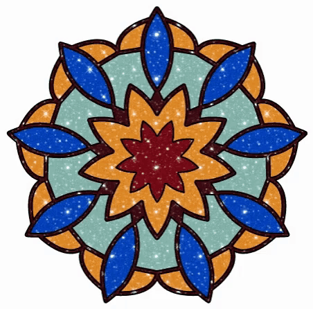 a drawing of a flower with blue leaves and a red center