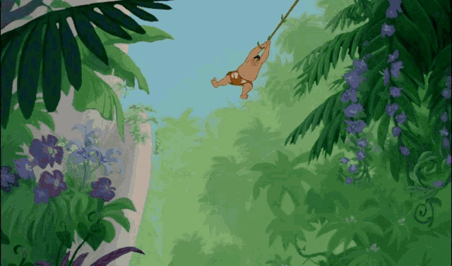 a cartoon of a man hanging from a rope in a jungle