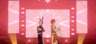 two anime characters are standing next to each other on a stage .