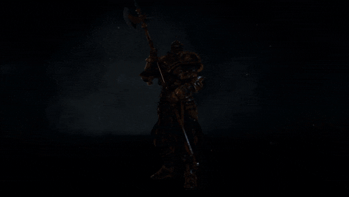 a knight in armor is holding a large axe in his hand .