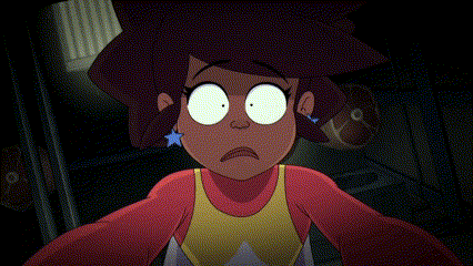 a cartoon character is wearing a red cape and a yellow top with a star on her ear .