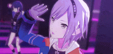 a girl with purple hair is dancing in a video game while another girl stands behind her .