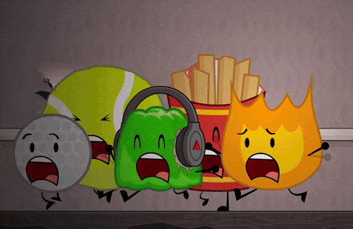 a group of cartoon characters including a tennis ball a pepper a french fries and a fireball