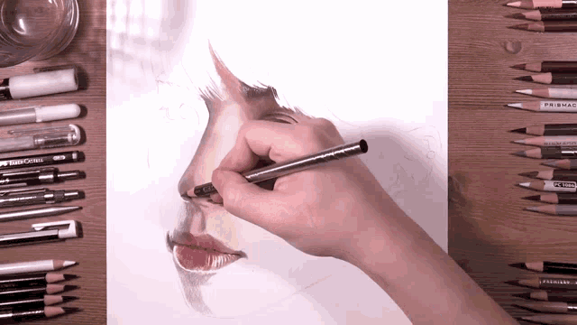a person is drawing a face with prismacolor pencils in the background