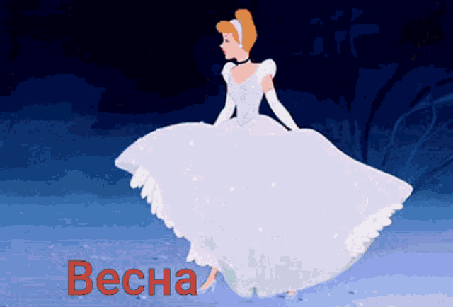 a cartoon of cinderella in a white dress with the word becha written in red