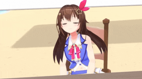 a 3d anime girl is sitting at a table with her eyes closed and a star on her head