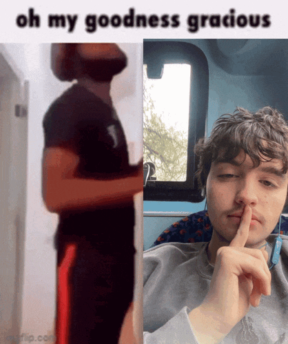 a man with a beard is standing next to another man with a finger on his lips