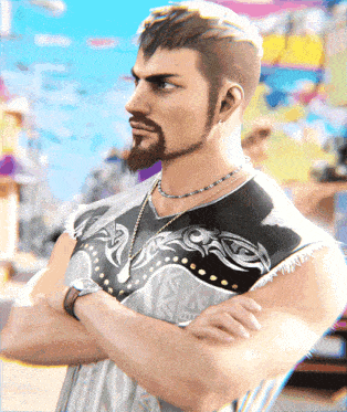 a man with a beard is wearing a black and white shirt with a design on it