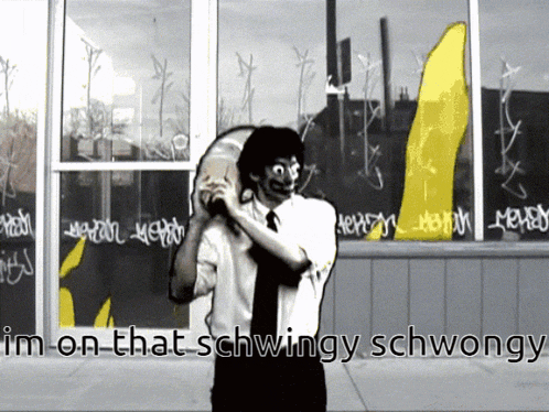 a man holding a skateboard with the words i 'm on that schwingy schwongy above him