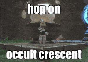 a video game character is standing in front of a fountain with the words hop on occult crescent above him