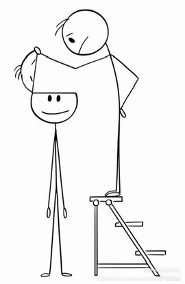 a black and white stick figure drawing of a man standing on a ladder measuring another man 's head .