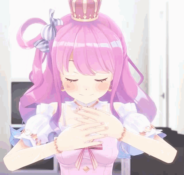 a girl with pink hair and a crown on her head