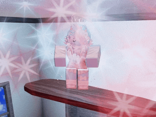 a cartoon character is standing on a wooden shelf with a red background
