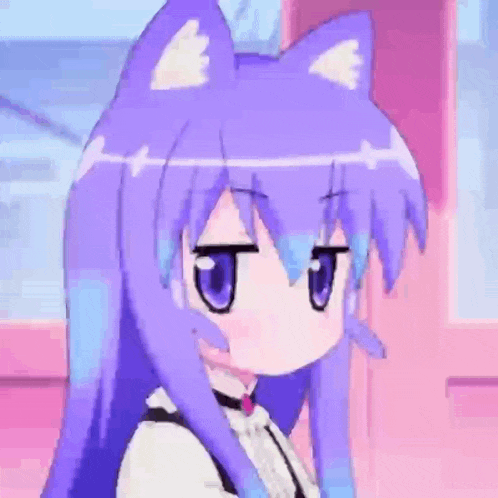 a close up of a girl with purple hair and cat ears .