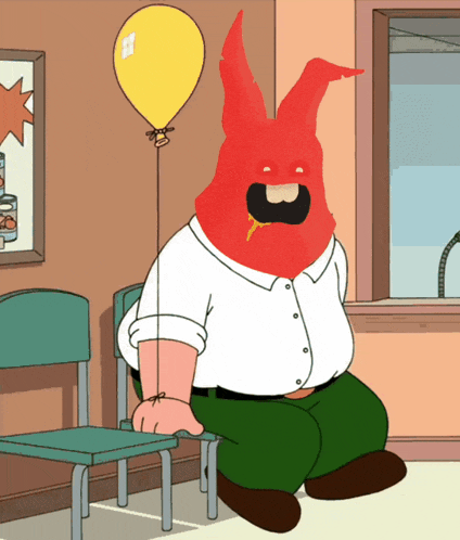 a cartoon of peter griffin with a red bunny mask holding a balloon